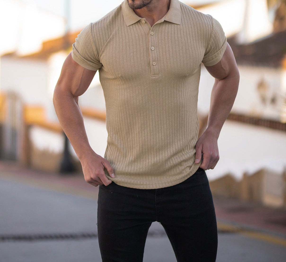 Men's vertical ribbed stretch polo shirt in khaki beige, short sleeves, button placket, collar