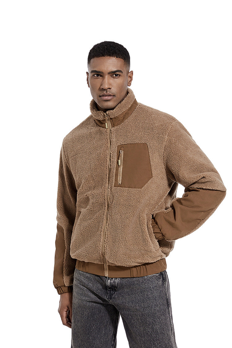 Men's color block sherpa fleece zip jacket in tan with chest zip pocket
