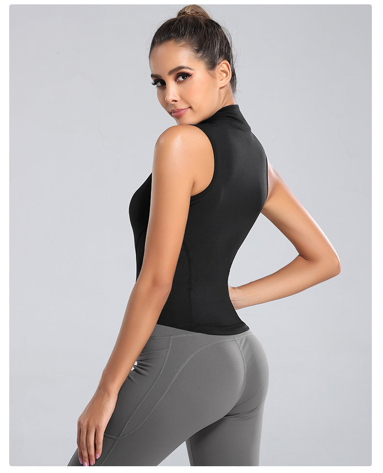 Black sleeveless zip-front running tank top with stand-up collar, side view