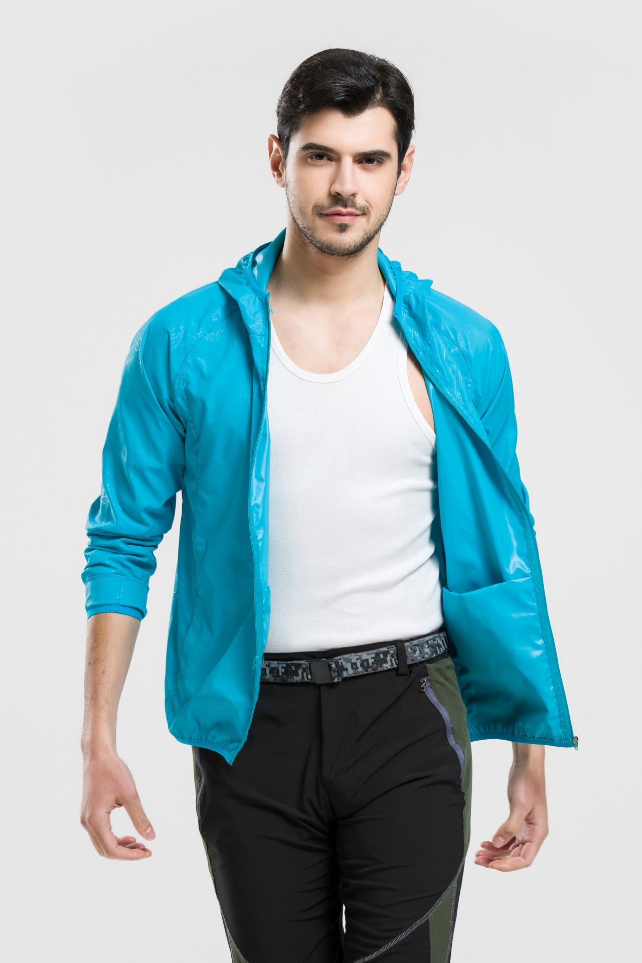 Hooded sun protection jacket in teal blue with zip front and hood