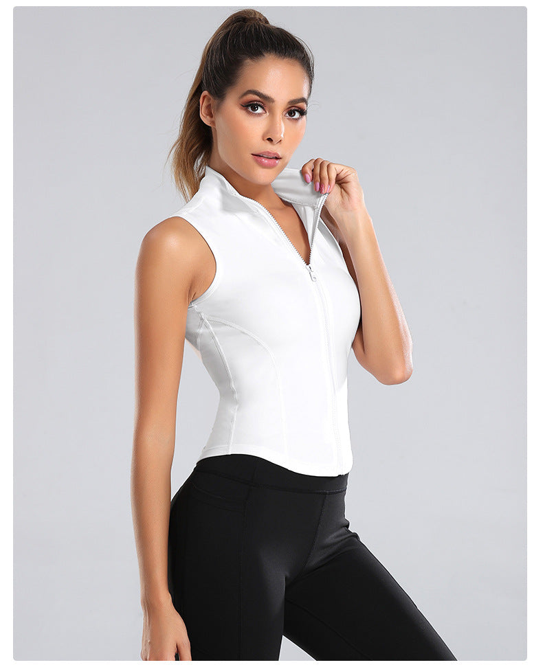 White sleeveless running tank top with front zipper and high neckline
