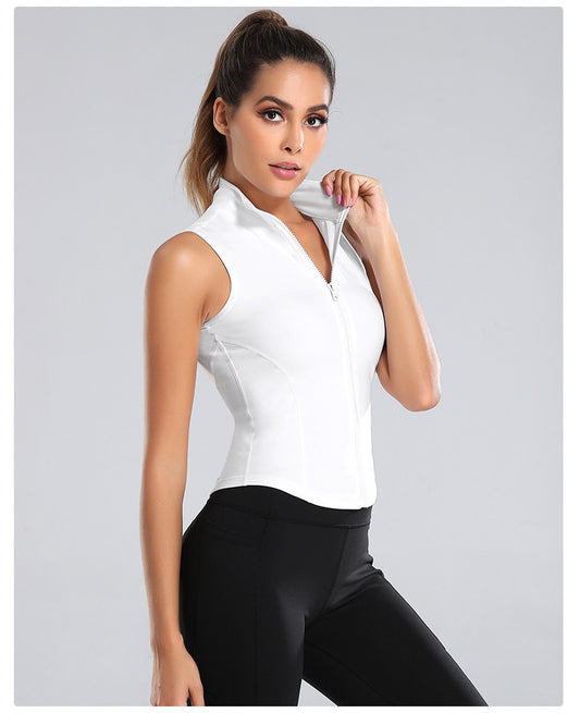 White sleeveless running tank top with front zipper and high neckline