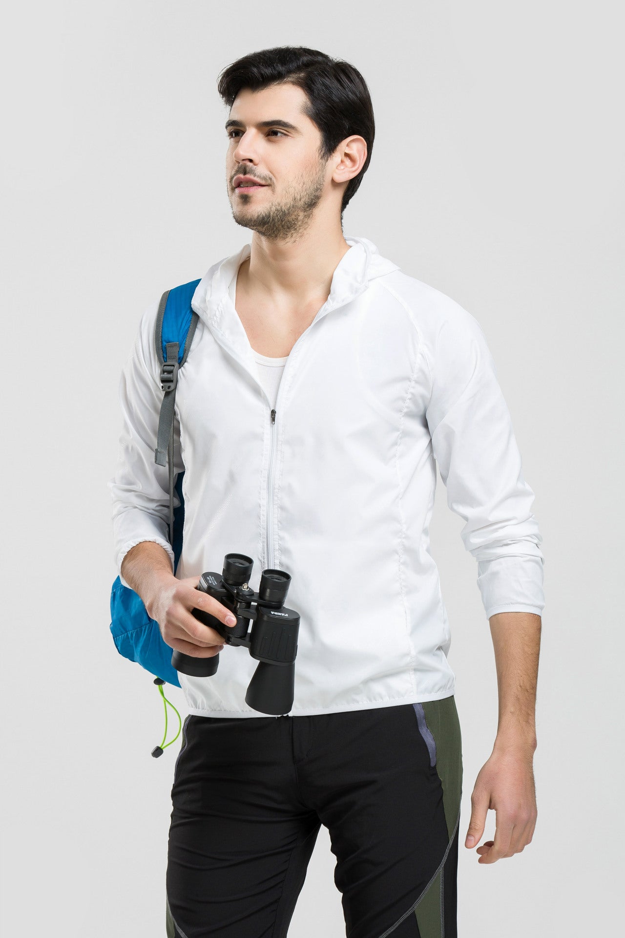 Hooded sun protection jacket in white with zip front and hood