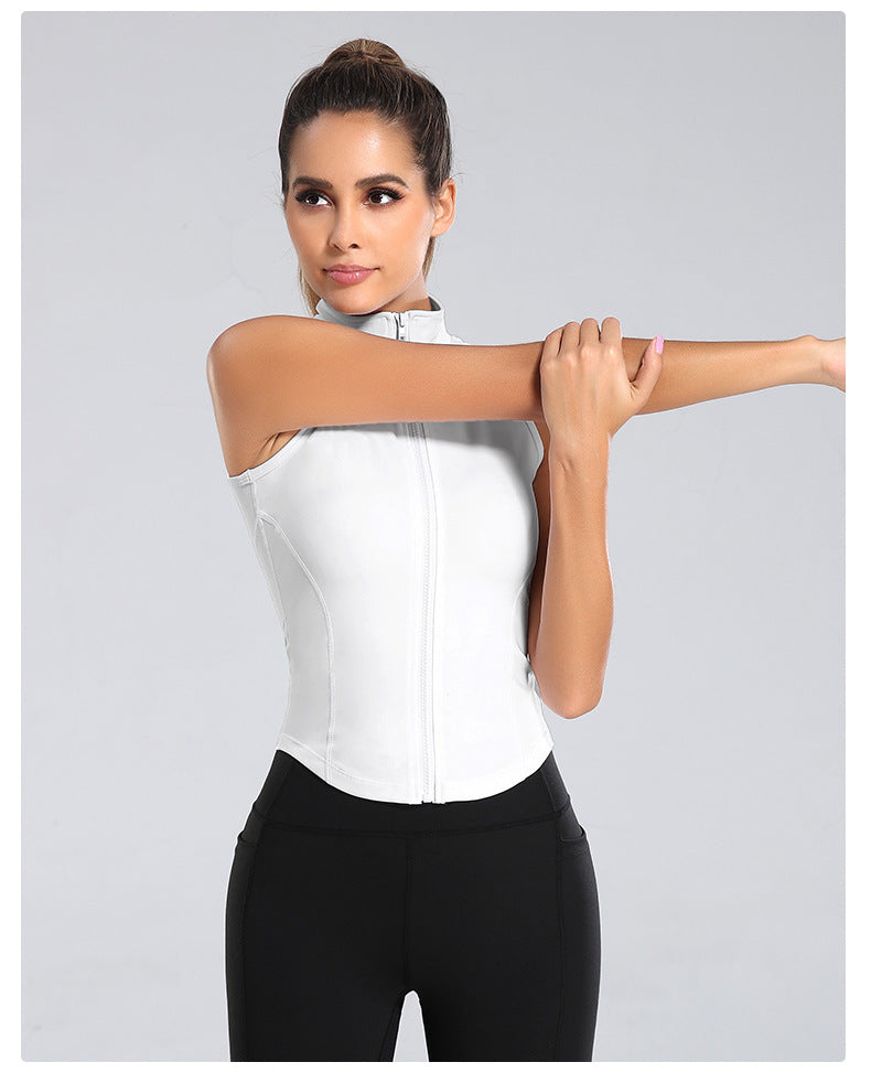 White zip-front sleeveless running tank top with stand-up collar