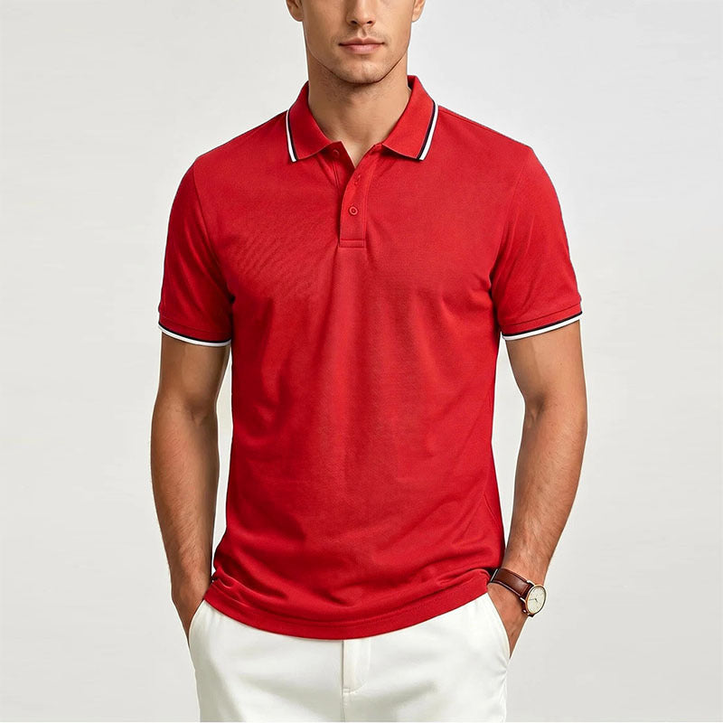 Men's red short-sleeve polo shirt with button placket and contrast collar trim