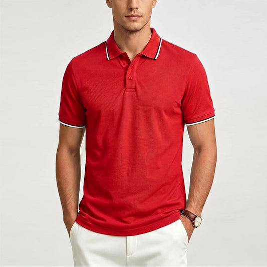 Men's red short-sleeve polo shirt with button placket and contrast collar trim