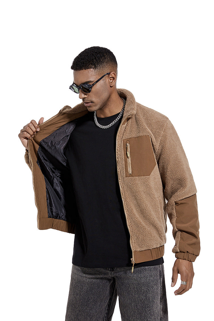 Men's color block sherpa fleece zip jacket in tan, partially unzipped