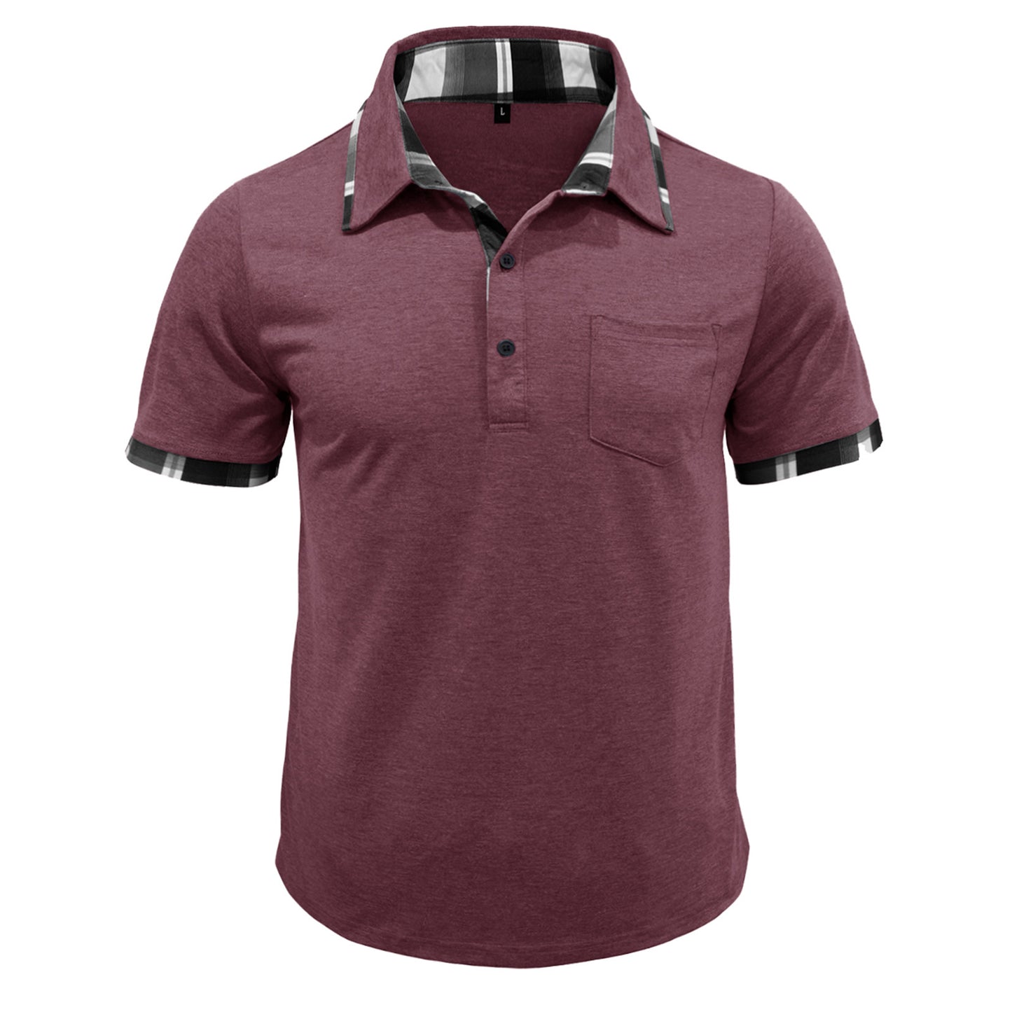 Men's plaid-trim pocket polo shirt, short sleeves, maroon with check collar and cuffs