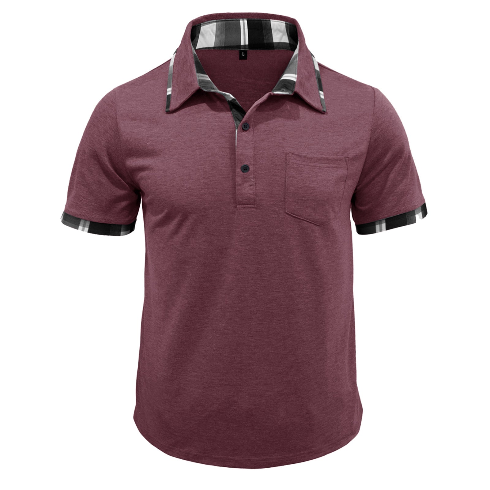 Men's plaid-trim pocket polo shirt, short sleeves, maroon with check collar and cuffs
