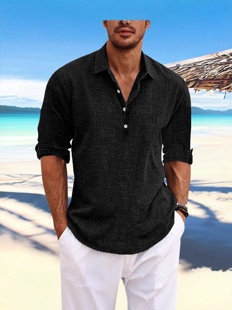 Men's linen-blend henley shirt in black, V-neck collar, short cuffed sleeves