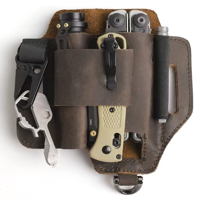 Brown genuine leather tool waist pouch with black tool holders and belt clip