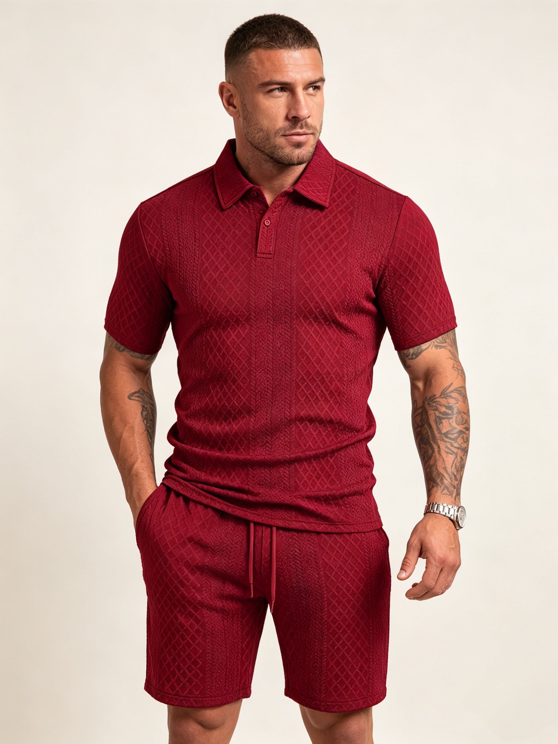 Men's textured polo and matching shorts set in red, short-sleeve button-front polo