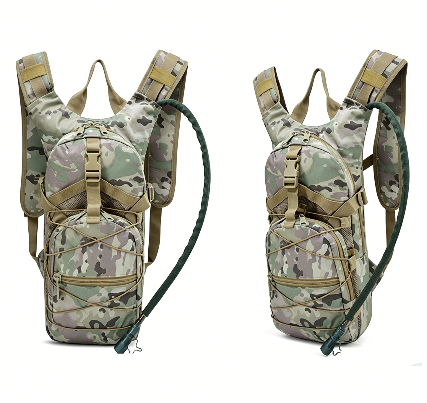 Camouflage hydration backpack with front organizer pockets and webbing shoulder straps