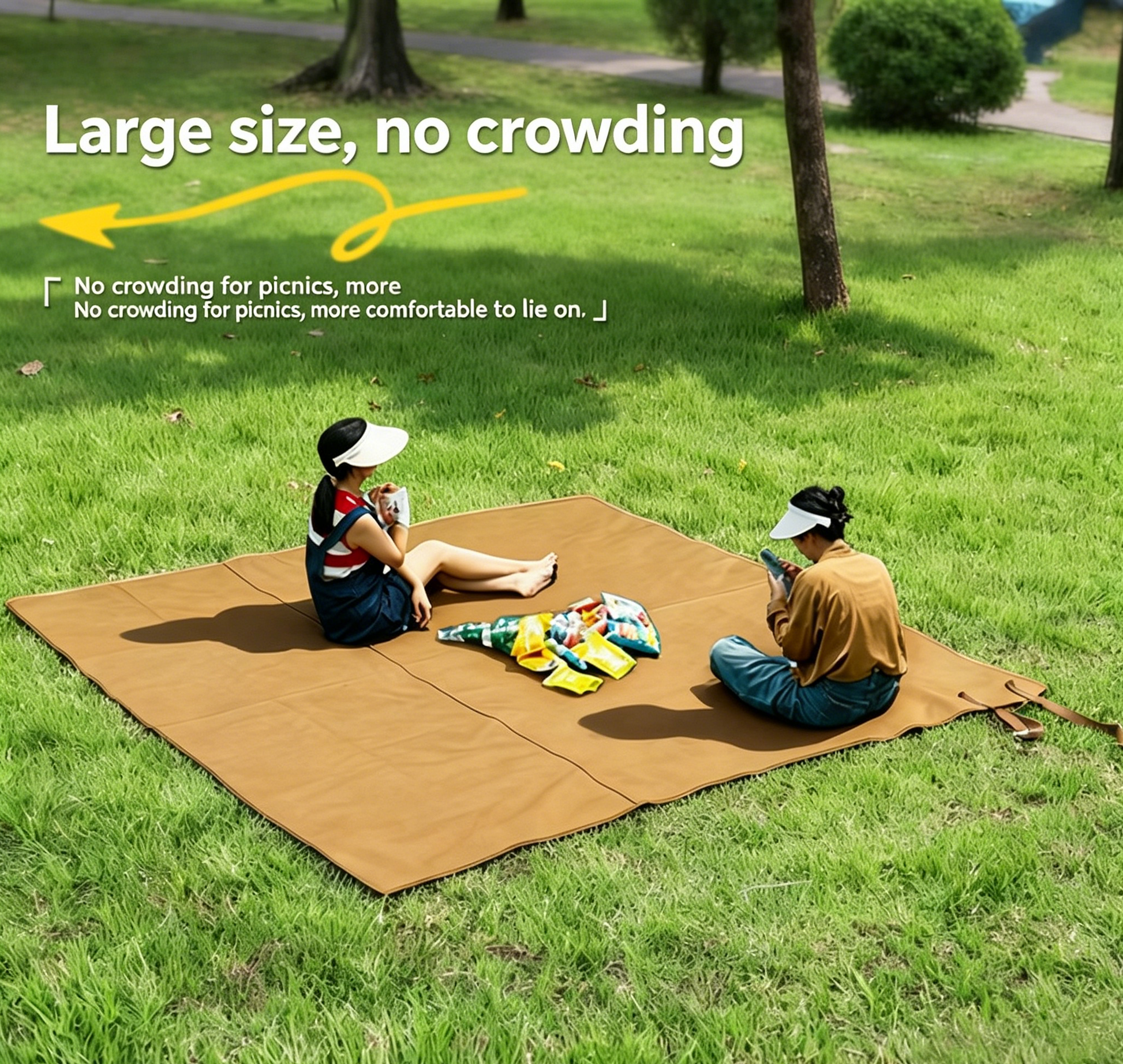Tan waterproof picnic mat laid flat on grass.