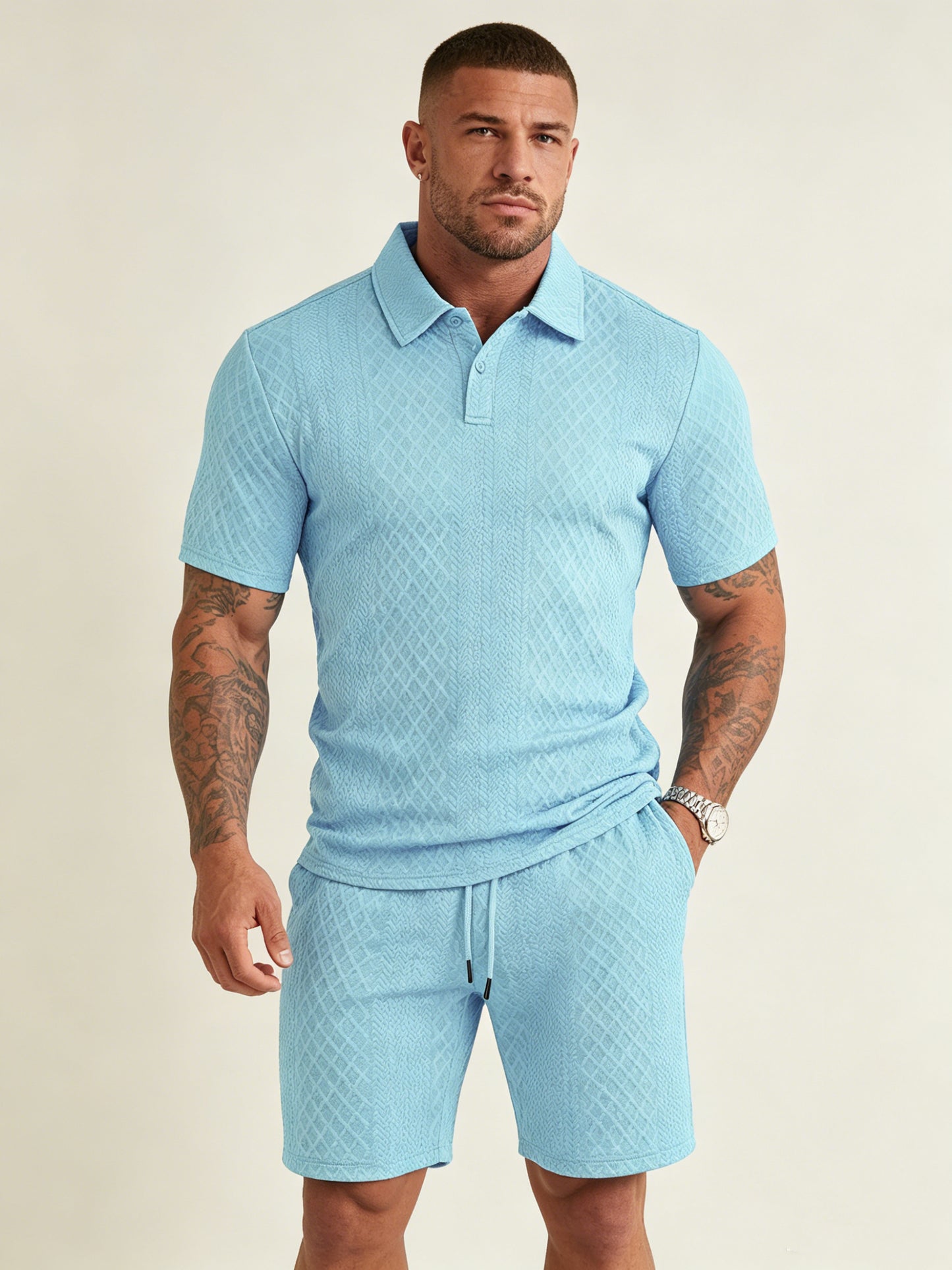 Men's textured polo and matching shorts set in light blue, button-front short-sleeve polo