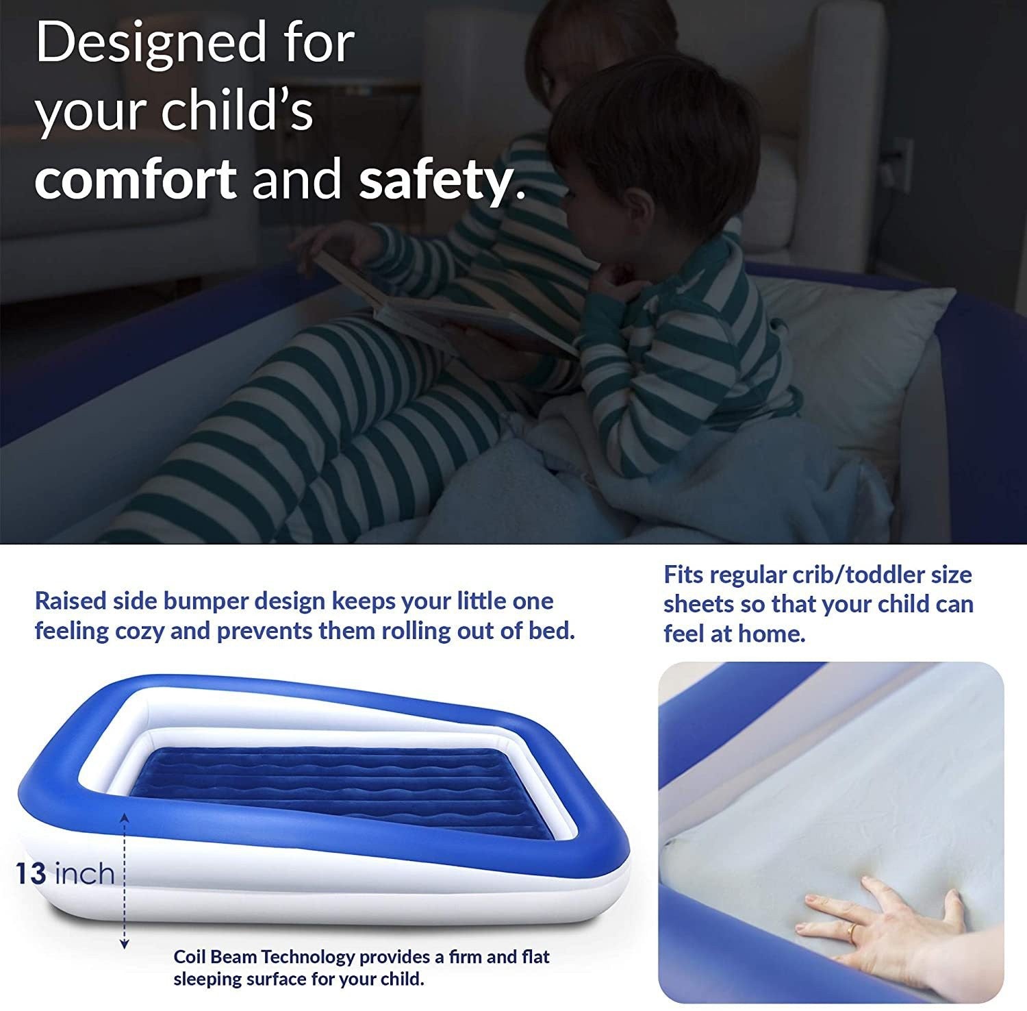 Blue kids inflatable mattress with raised side bumper and flat coil-beam sleeping surface