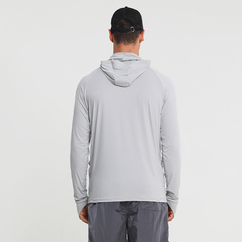 Light gray quick-dry fishing sun hoodie with hood, long sleeves, and rear view