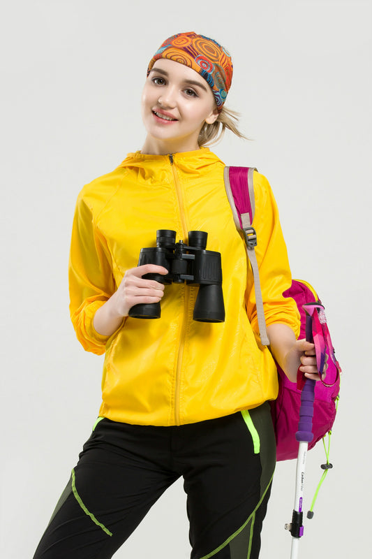 Hooded sun protection jacket in bright yellow with zip front and hood