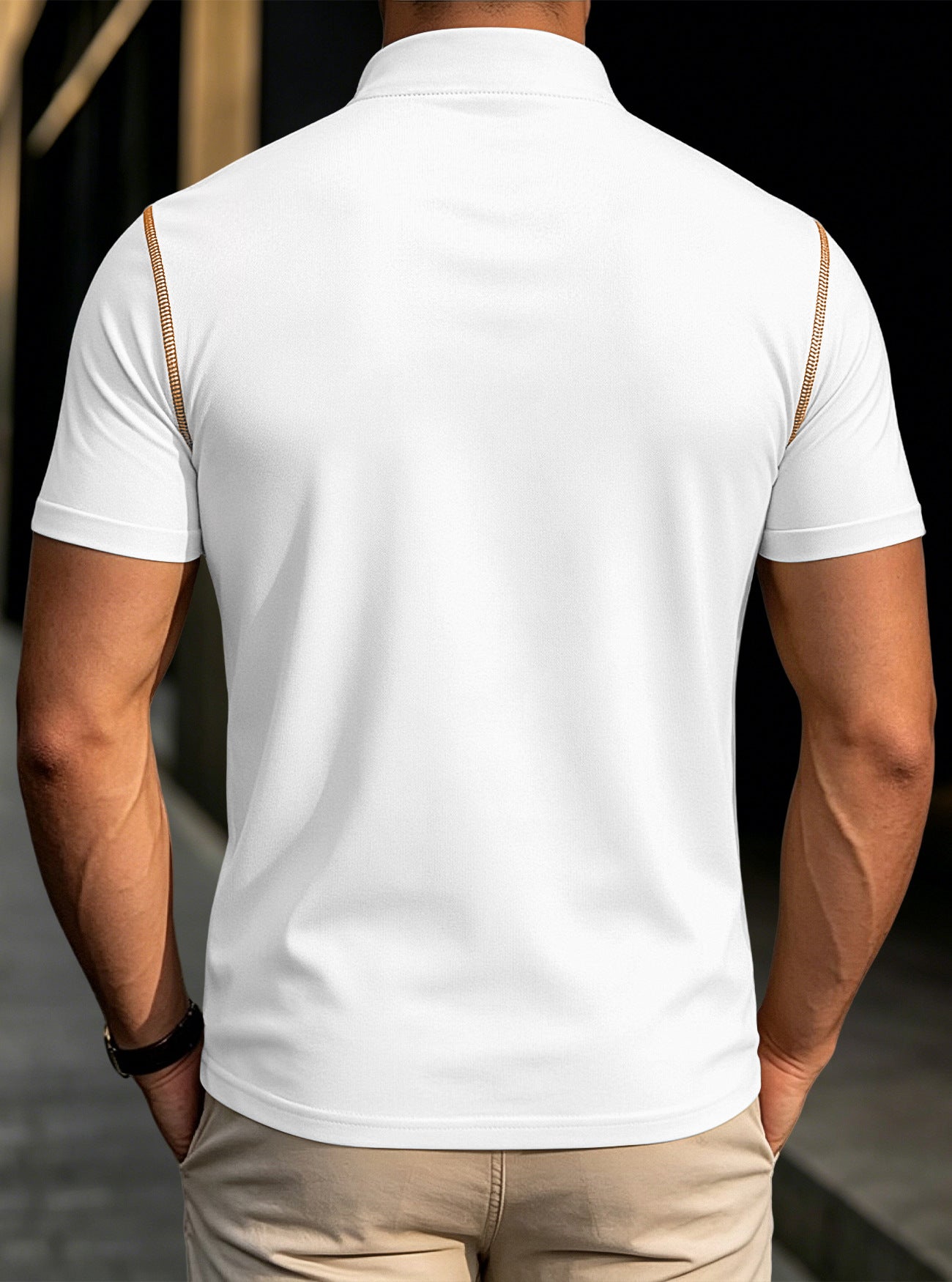 Men's white stand-collar henley polo shirt, back view with shoulder seam detail