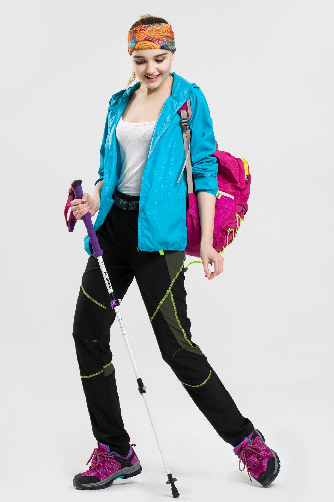 Hooded sun protection jacket in teal blue with zip front and hood