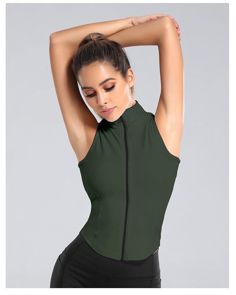 Dark green zip-front sleeveless running tank top with stand-up collar