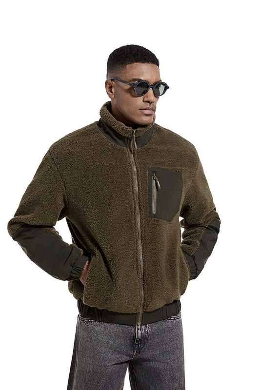 Men's color block sherpa fleece zip jacket in olive, full-zip with chest pocket