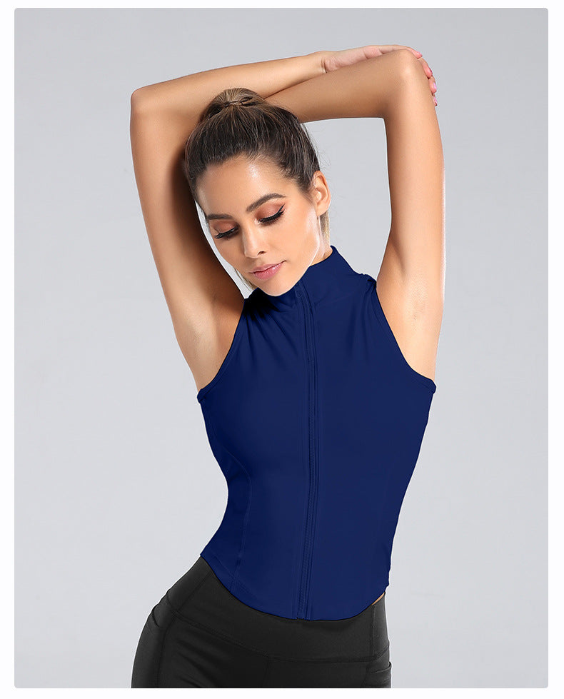 Navy sleeveless running tank top with front zipper and high neckline