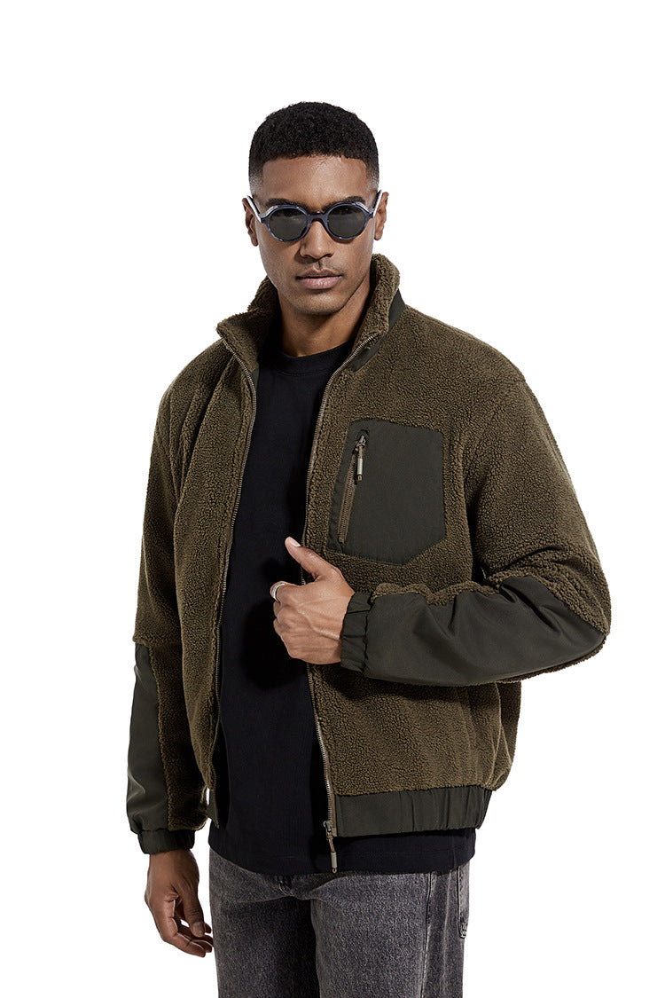 Men's color block sherpa fleece zip jacket in olive with dark contrast sleeves