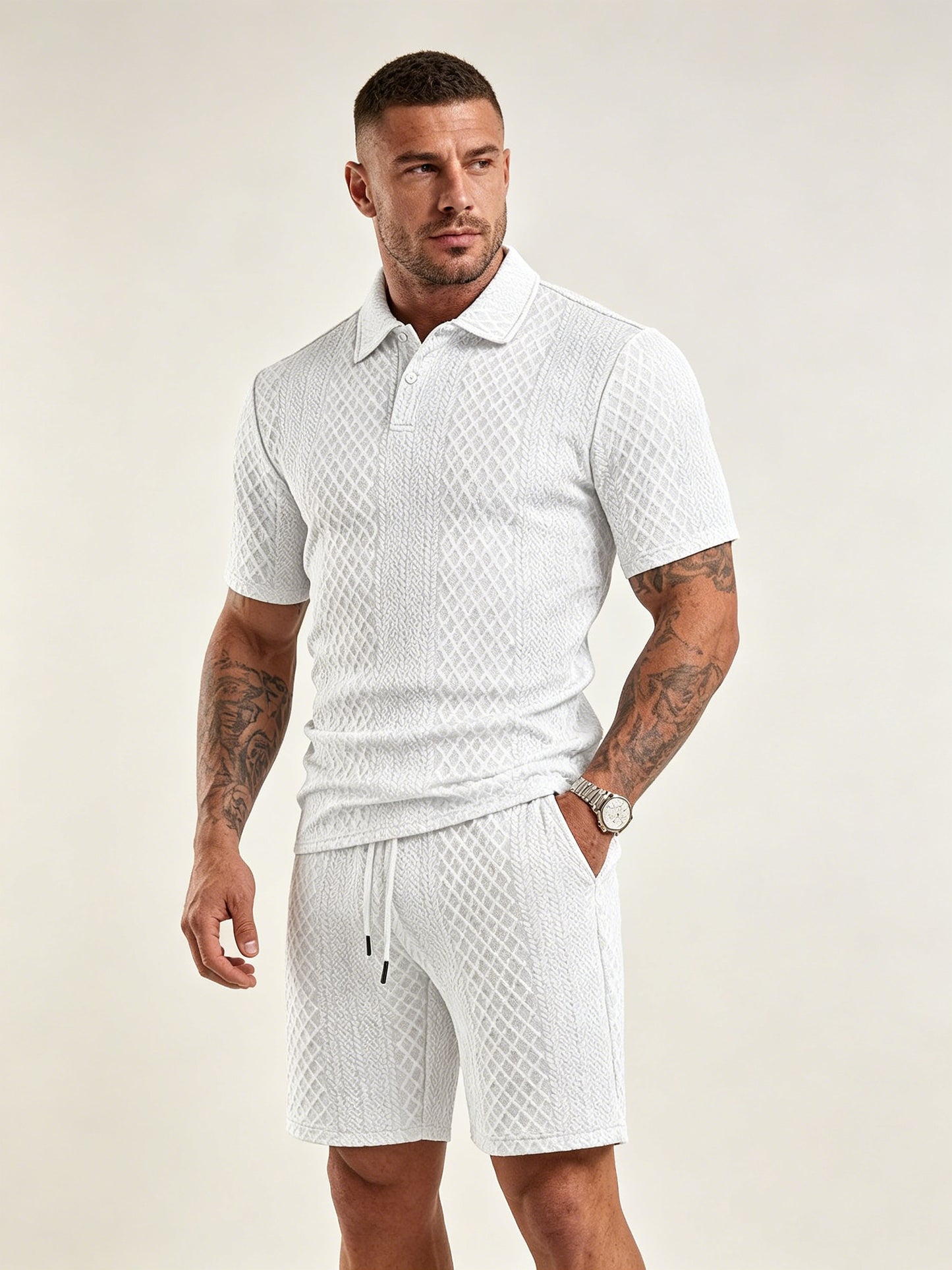 Lightweight textured polo and shorts set, white crew-neck with short sleeves