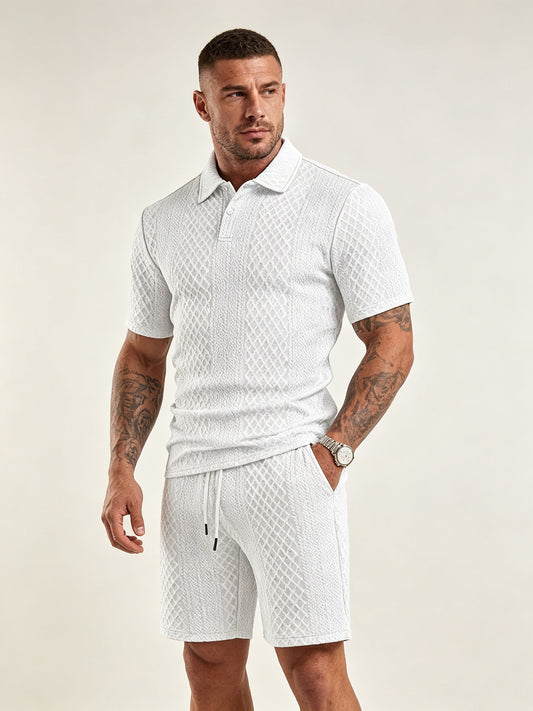 Lightweight textured polo and shorts set, white crew-neck with short sleeves