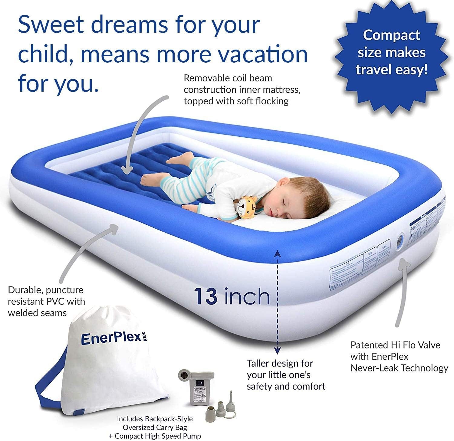 Blue kids inflatable mattress with white base and removable inner coil-beam design