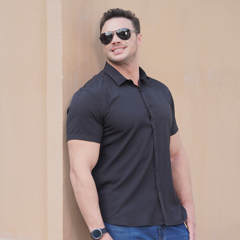 Men's short-sleeve button-up business shirt, black solid fabric