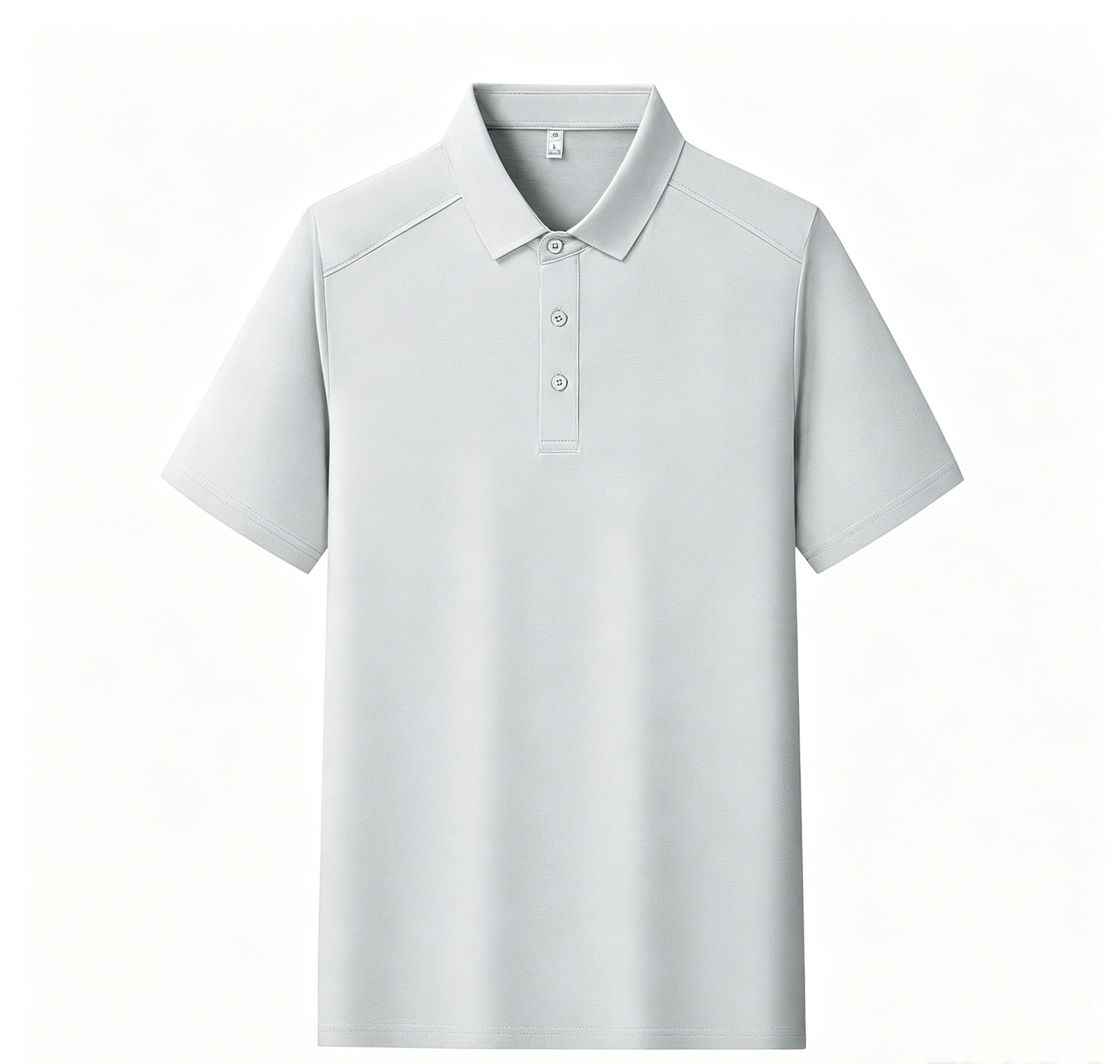 Men's polo shirt, light gray, short sleeves with button placket and collar.