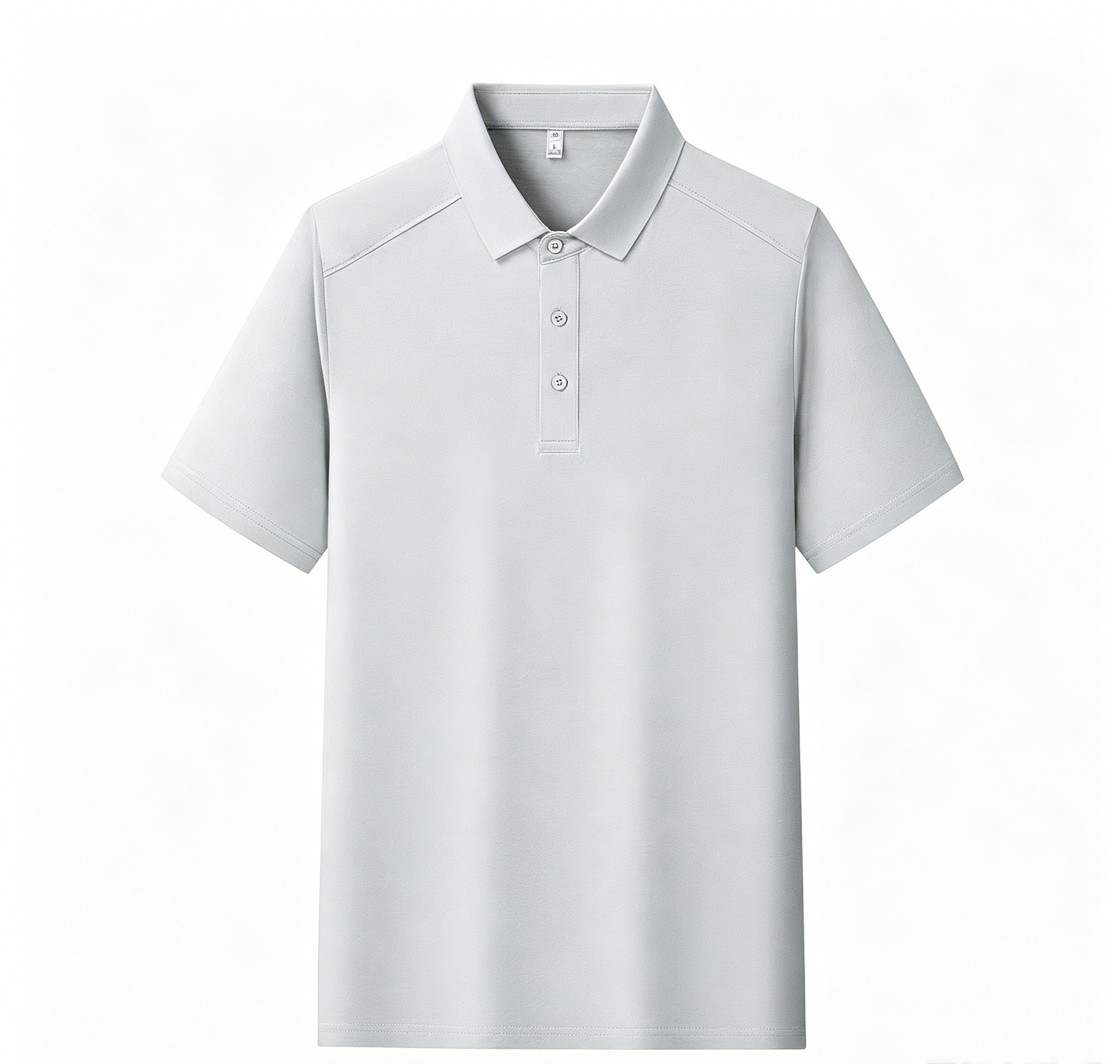 Men's polo shirt, light gray, short sleeves with button placket and collar.