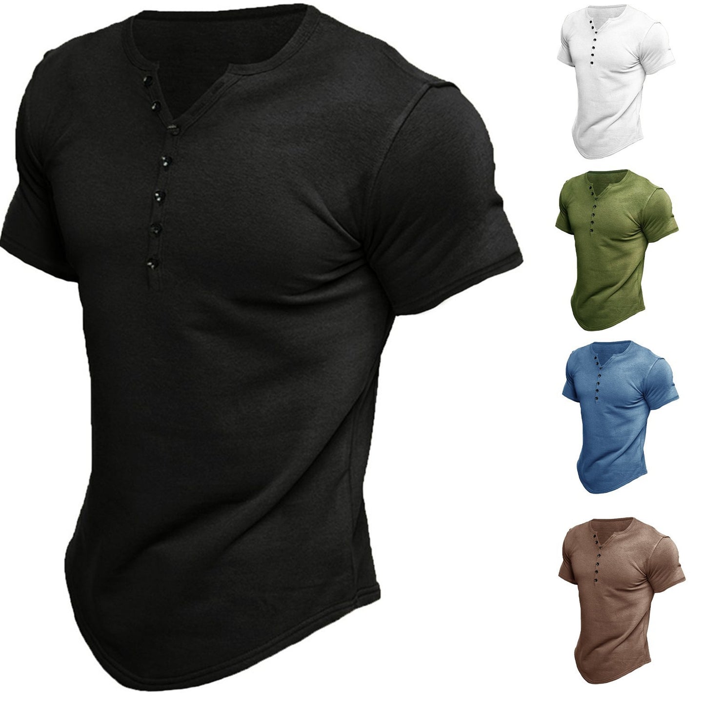 Black men's henley short-sleeve T-shirt; side shows other color options