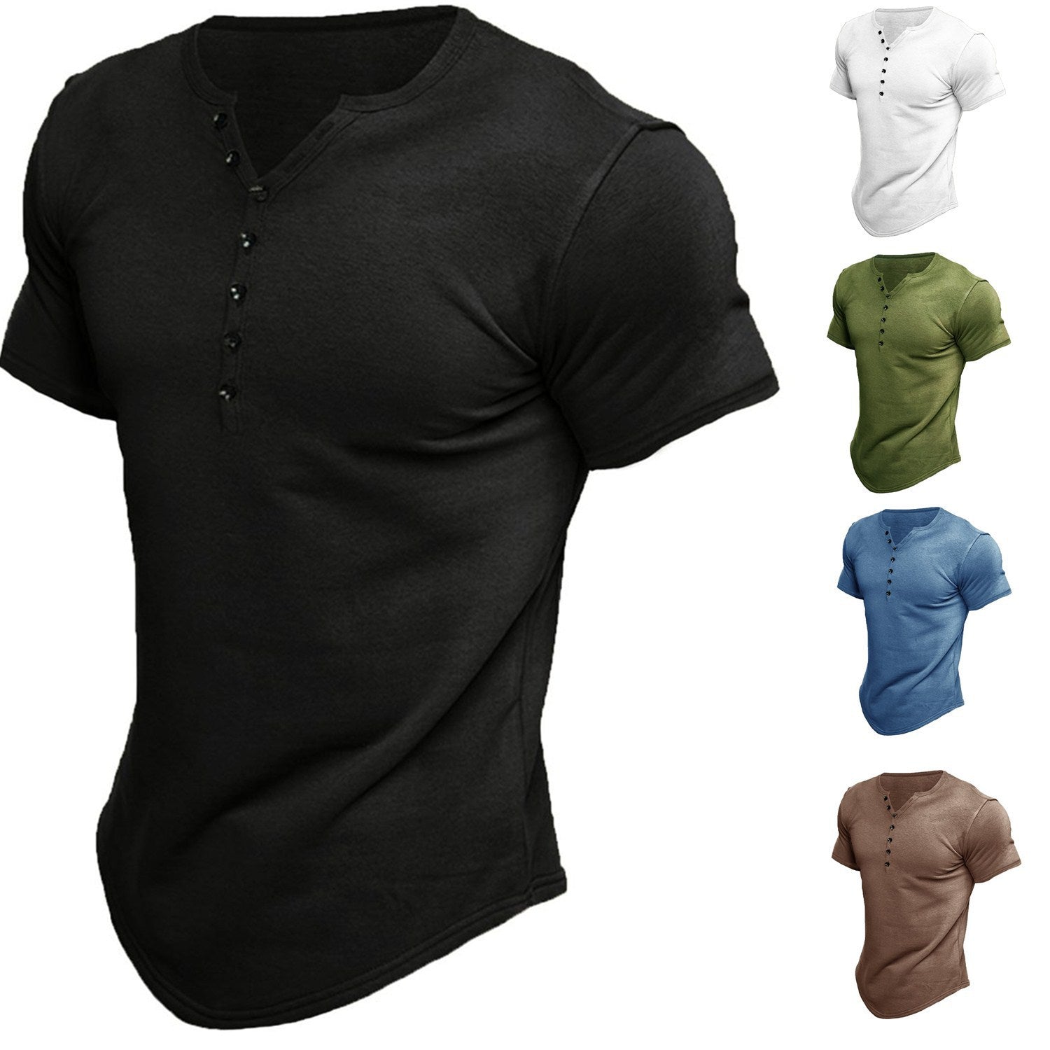 Black men's henley short-sleeve T-shirt; side shows other color options