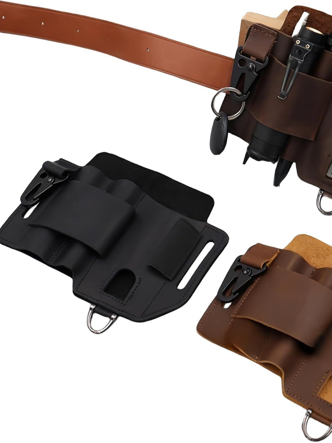 Black and brown leather tool waist pouches with belt straps and metal rings