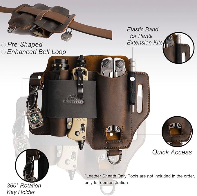 Brown leather tool waist pouch with belt loop, quick-access front pocket, clips