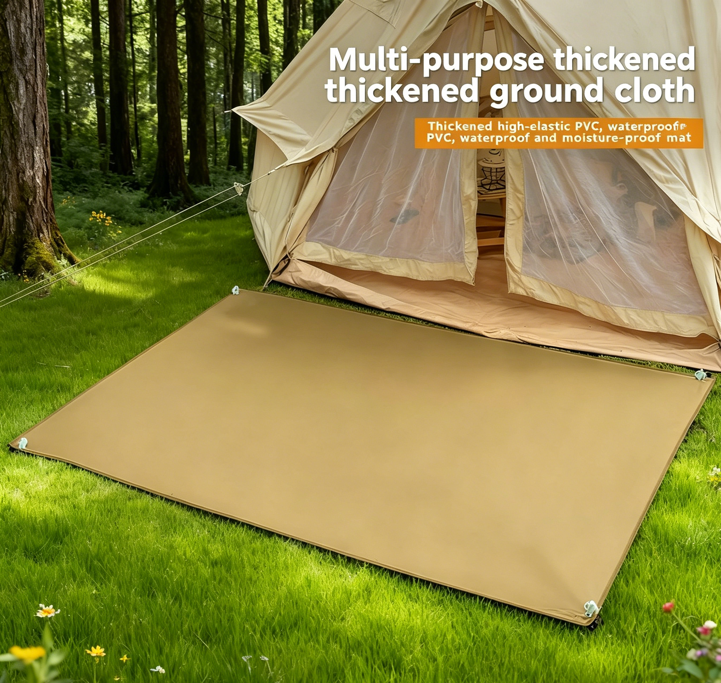 Khaki waterproof ground cloth mat with corner grommets and smooth surface