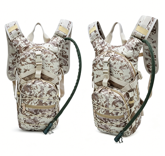 Desert digital camo hydration backpack with front pouch and adjustable shoulder straps