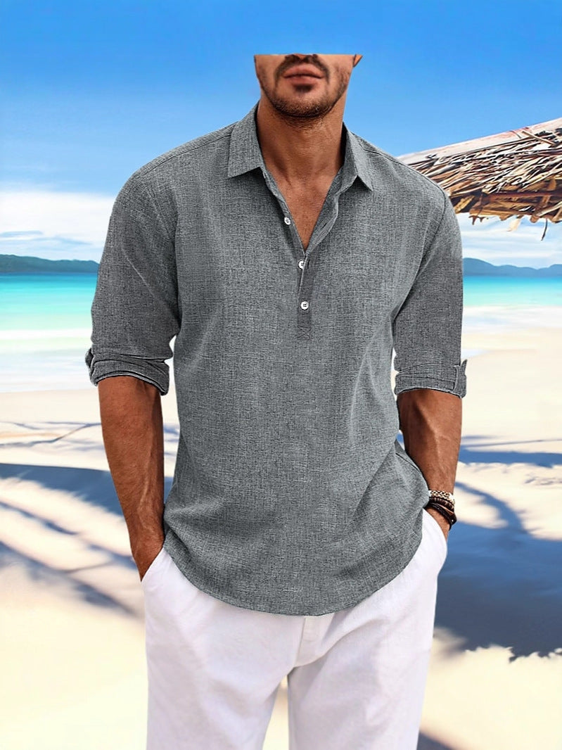 Men's linen-blend henley shirt in gray, V-neck collar, short cuffed sleeves