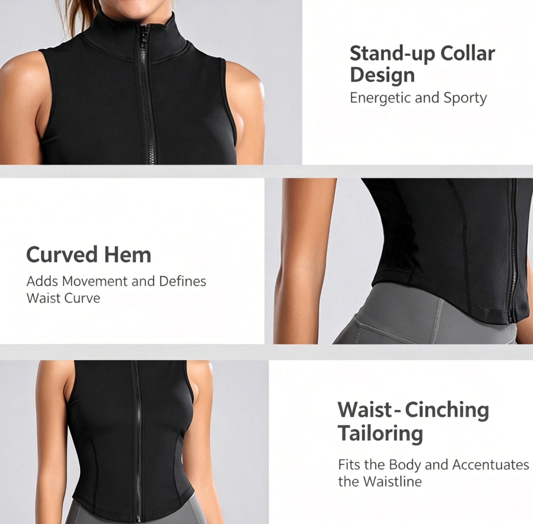 Black sleeveless zip-front running tank top with stand-up collar
