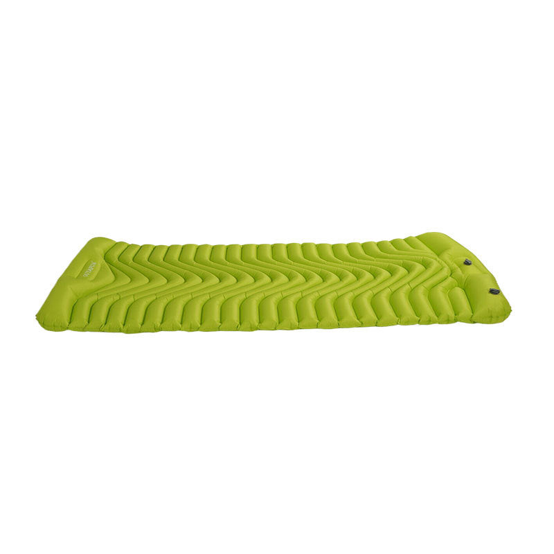 Emerald green inflatable camping sleeping pad with built-in pillow and raised baffle chambers