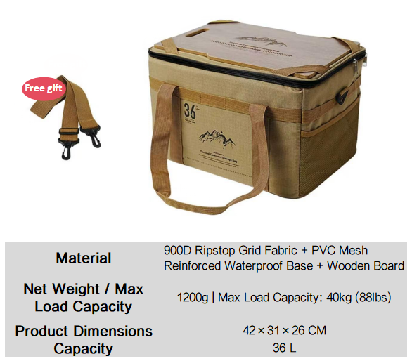 Khaki tactical camping storage bag with tabletop lid, front pocket, and carrying handles.