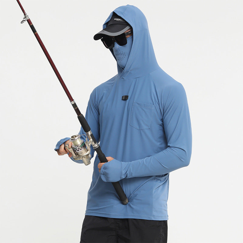 Blue quick-dry fishing sun hoodie with hood, long sleeves, and chest pocket