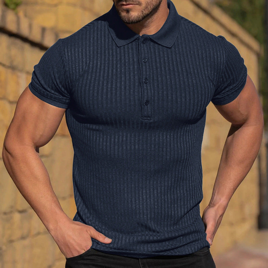 Men's vertical ribbed stretch polo shirt in navy blue, short sleeves, button placket, collared neck
