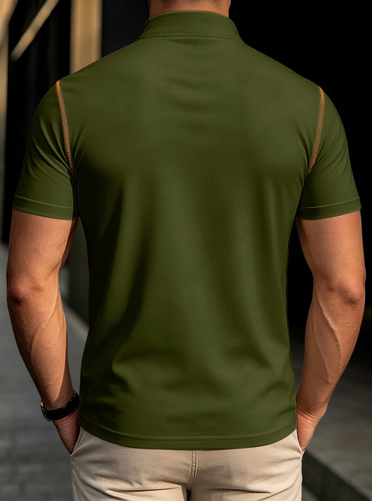 Men's olive green stand-collar henley polo shirt, back view with tan shoulder trim