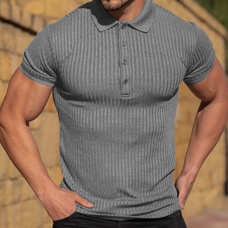 Men's vertical ribbed stretch polo shirt in gray, short sleeves, button placket, collared neck