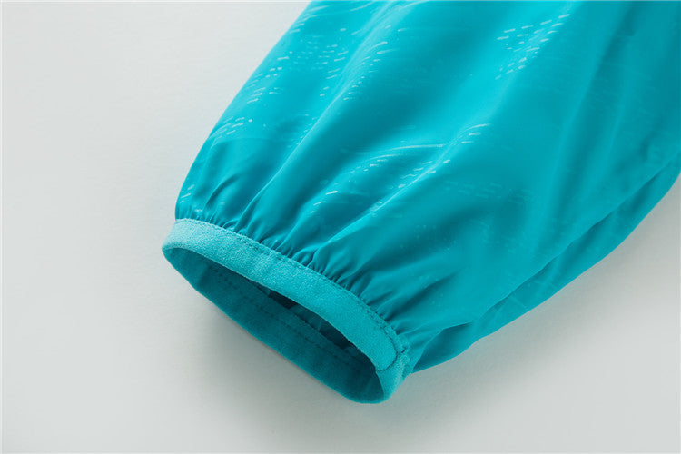 Hooded sun protection jacket, turquoise blue sleeve cuff with elastic hem