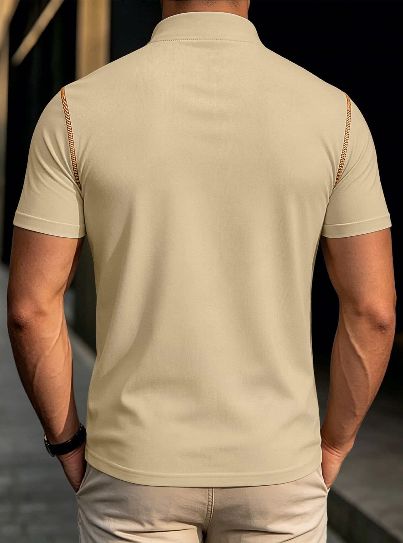 Men's beige stand-collar henley polo shirt, back view with tan shoulder trim